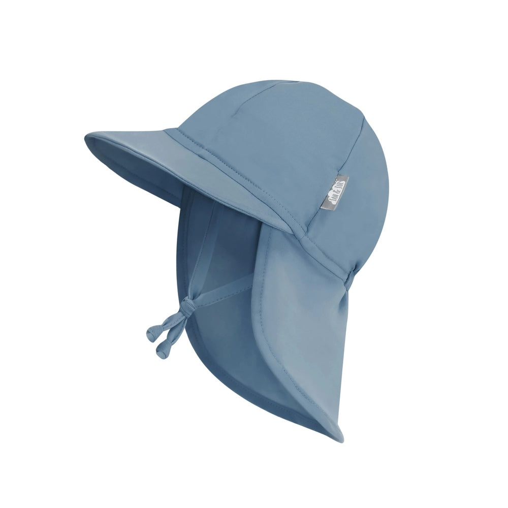 Jan & Jul Sun Soft UV baby cap in blue-grey with neck flap and chin ties
