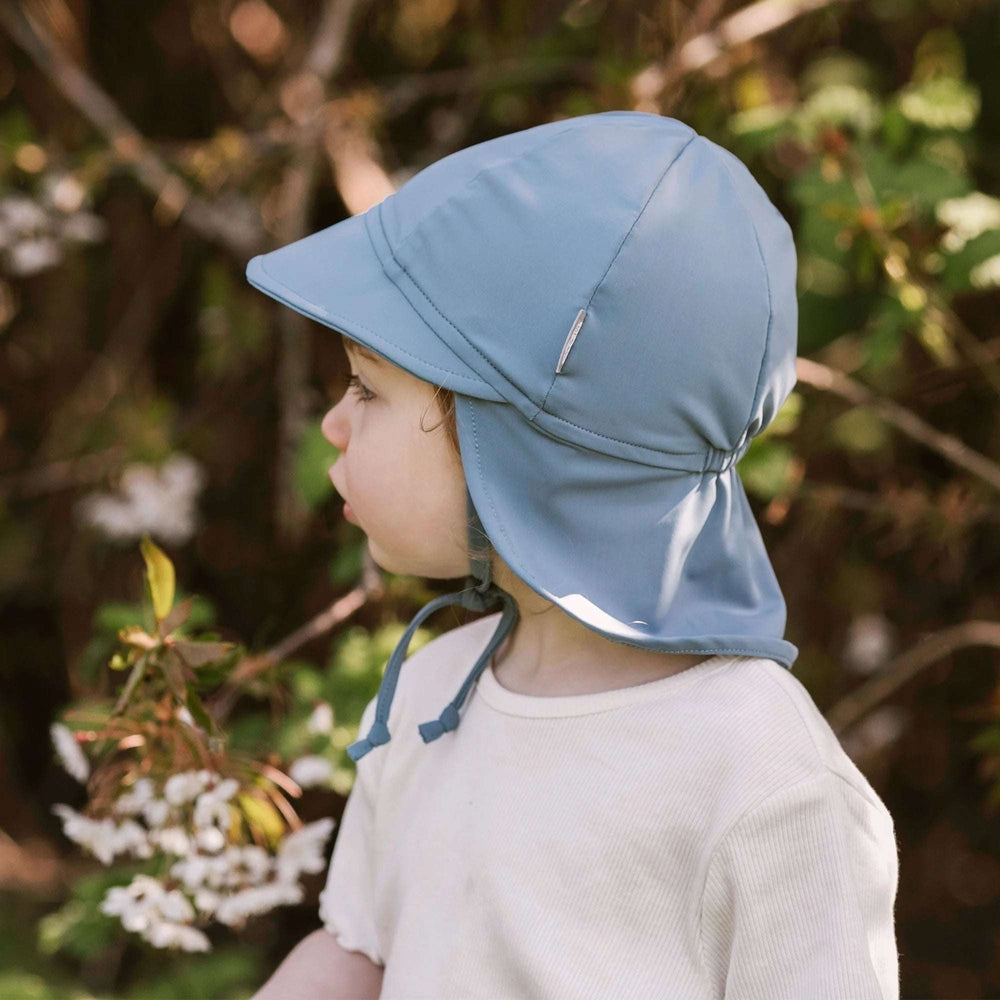 Jan & Jul Sun Soft UV baby cap in blue grey with neck flap and chin ties
