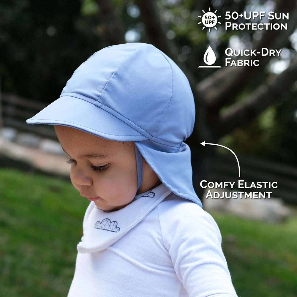 Jan & Jul Sun Soft UV baby cap in blue-gray with neck flap and comfy elastic adjustment