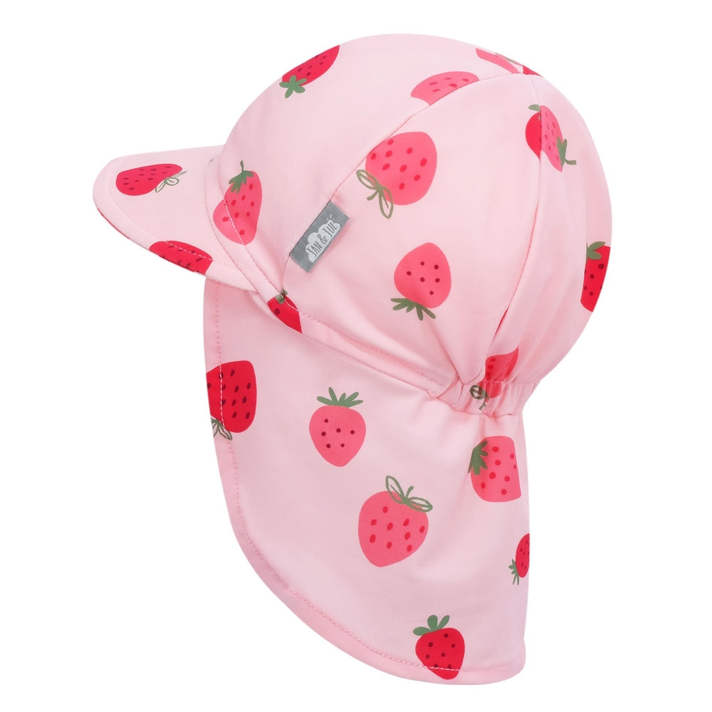Jan & Jul Sun Soft UV Baby Cap in pink strawberry print with curved brim shielding the face.