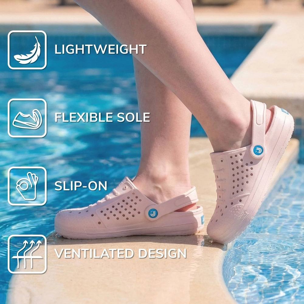 JAN & JUL Jan & Jul SunLite Slip-On Sandals White Perforated design with blue logo badge and heel strap img 4/9