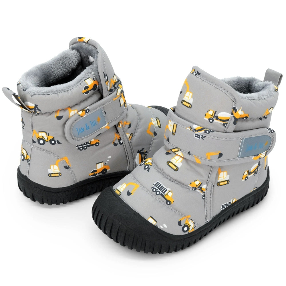 JAN & JUL Toasty Dry Booties Grey Construction; soft faux-fur lining, rugged black outsole, yellow truck print.