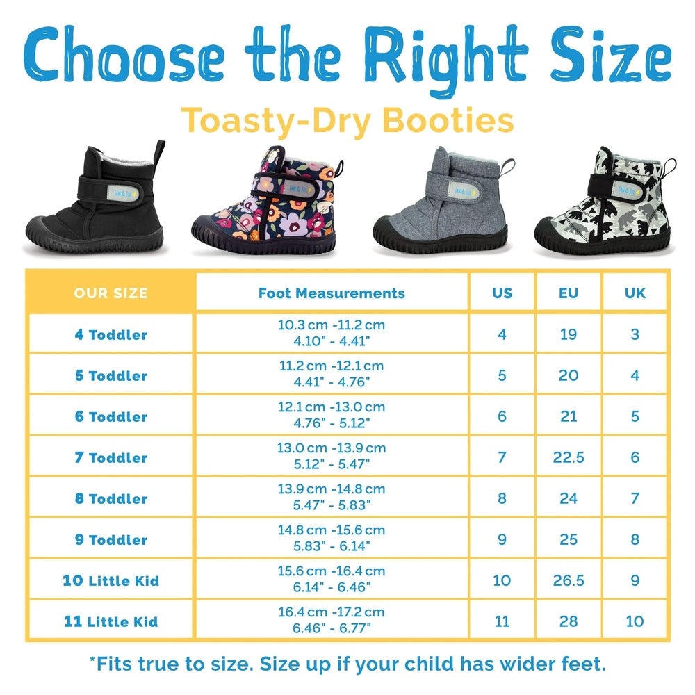 JAN & JUL Toasty Dry Booties Grey construction toddlers' boots lineup beside a size chart, showing Velcro strap and grippy sole.