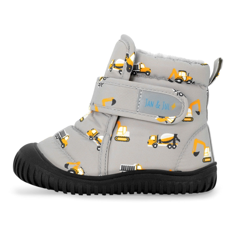 JAN & JUL Toasty Dry Booties Grey Construction bootie with black tread sole and construction-vehicle print.