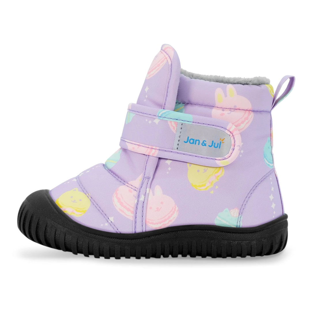 Jan & Jul Toasty-Dry Booties in Macarons, side view showing the hook-and-loop strap and protective sole
