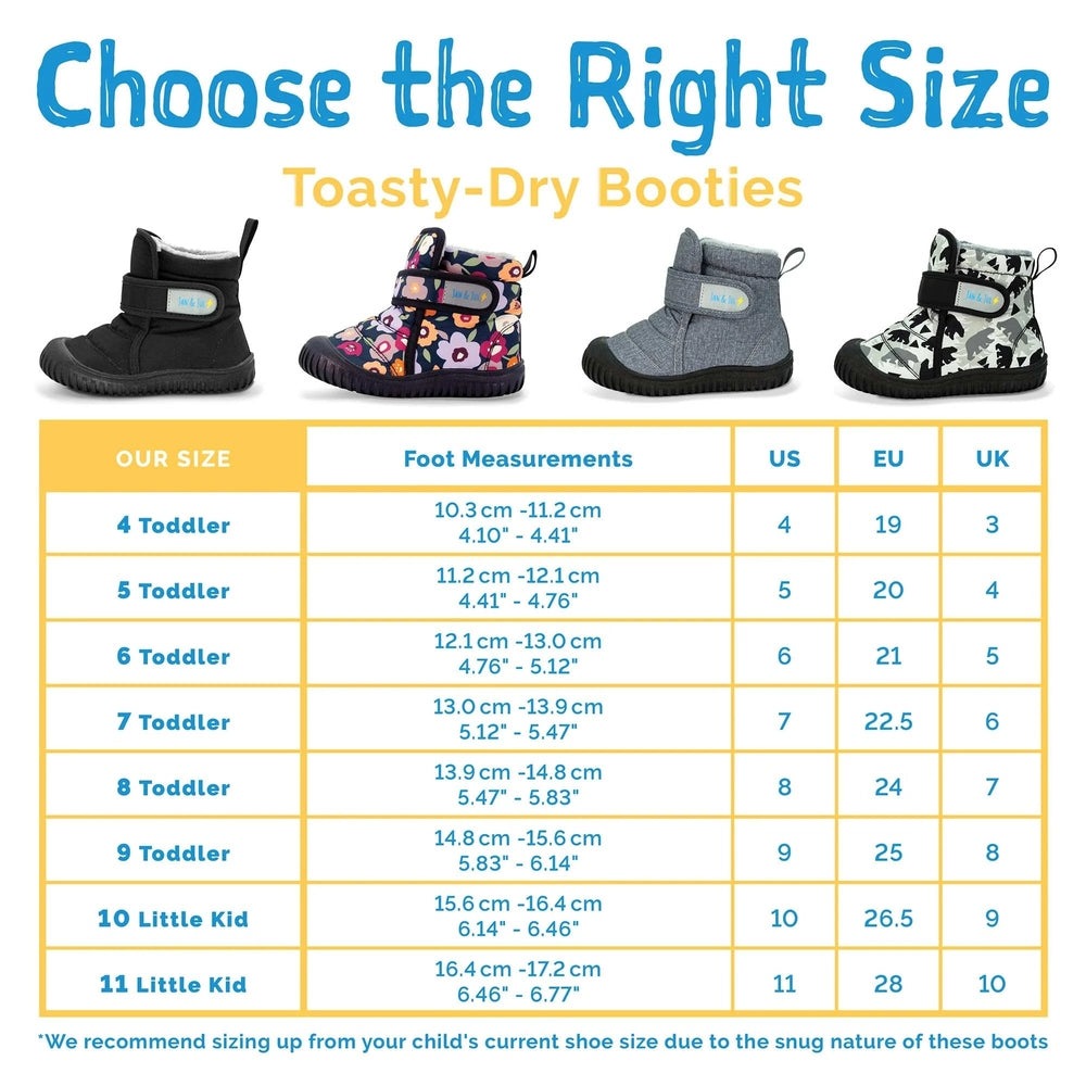Jan & Jul Toasty-Dry Booties Navy Forest for toddlers displayed in a line, showing warm lining and Velcro closures.