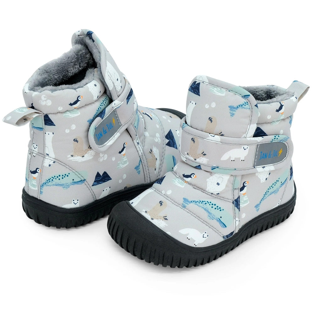 Jan & Jul Toasty Dry Booties Polar Pals for babies, grey with blue polar animal print, plush lining and Velcro straps