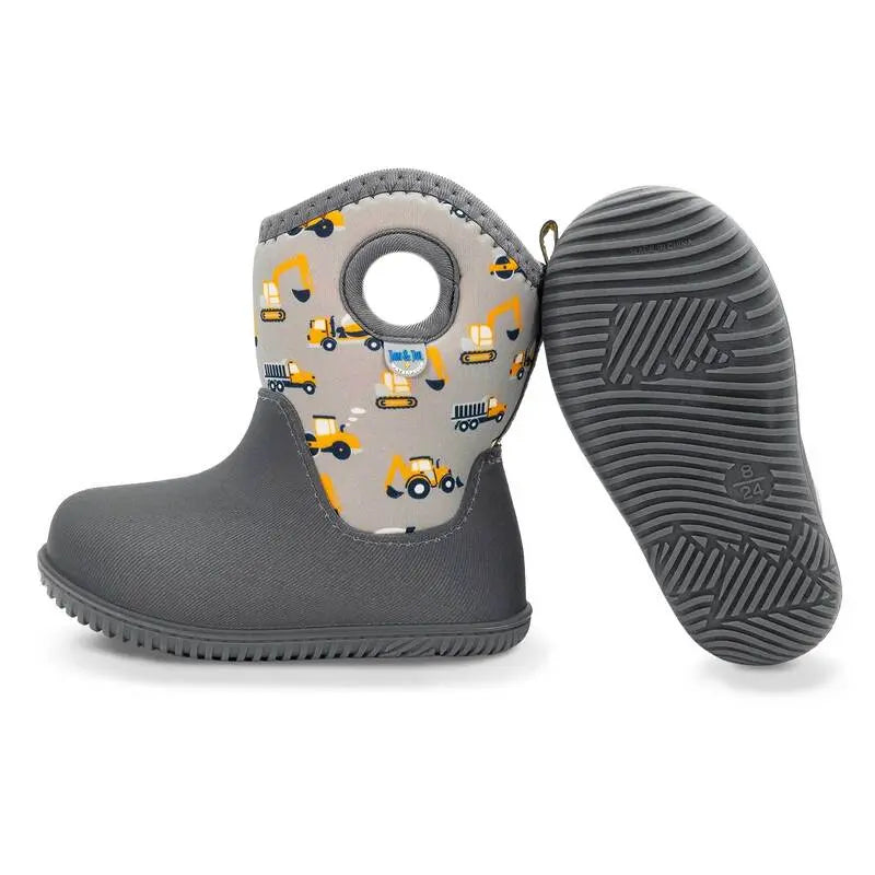 Jan & Jul Toasty Dry Lite winter boots in grey construction print with a back pull loop and rugged sole.