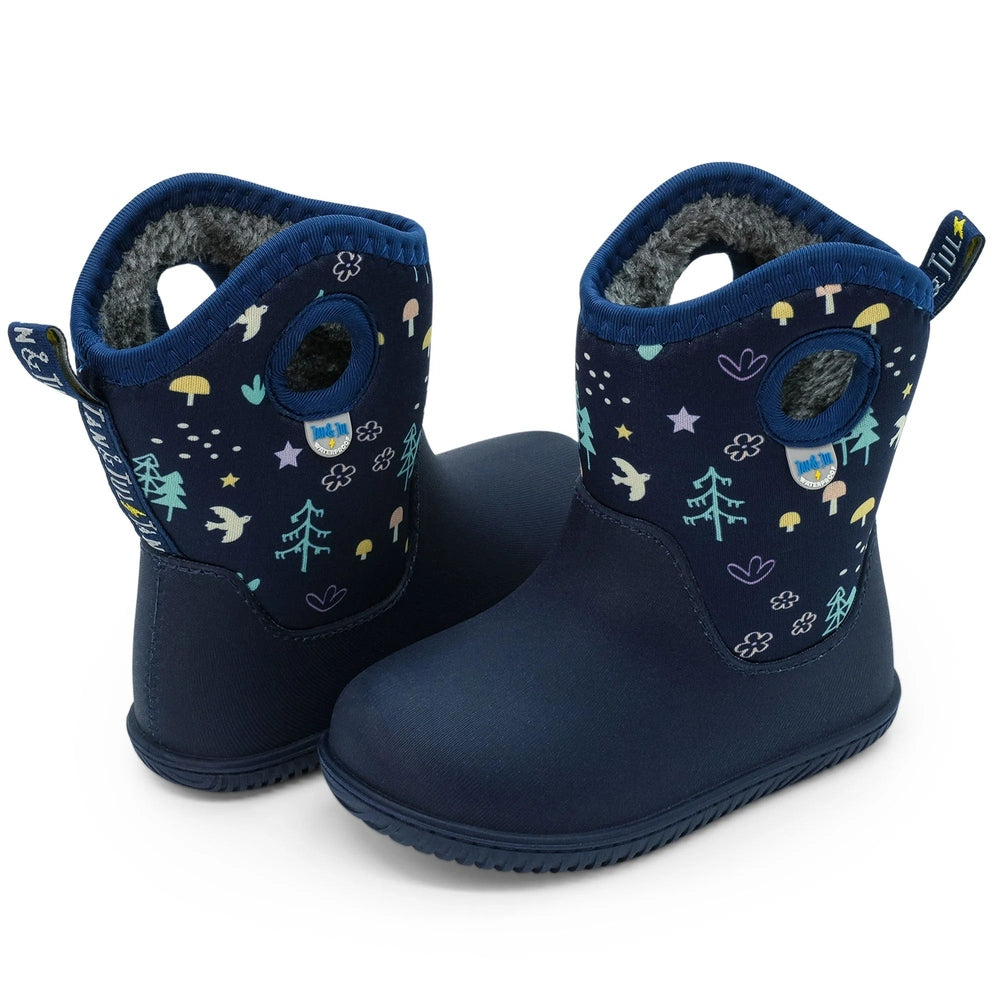 JAN & JUL Toasty Dry Lite Winter Boots Navy Forest for toddlers; navy boots with warm fleece lining and forest print.