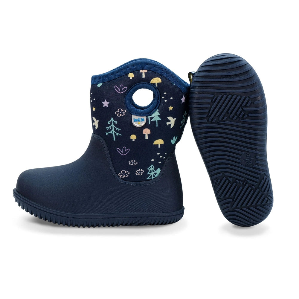 JAN & JUL Toasty Dry Lite Winter Boots Navy Forest for babies and toddlers; navy boots with forest pattern and grippy outsole.