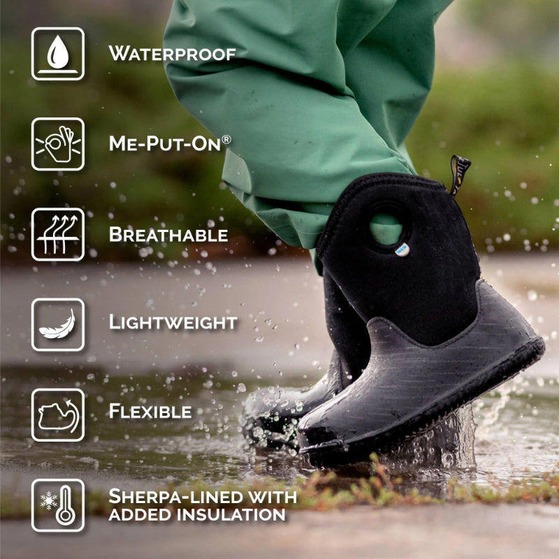 JAN & JUL Toasty Dry Lite Winter Boots Navy Forest worn by a child splashing water; waterproof, lightweight, breathable, sherpa-lined.