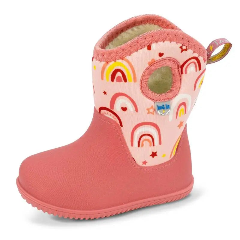 JAN & JUL Toasty Dry Lite Winter Boots Pink Rainbow with waterproof body, rainbow print upper, soft lining, and back pull-tab.