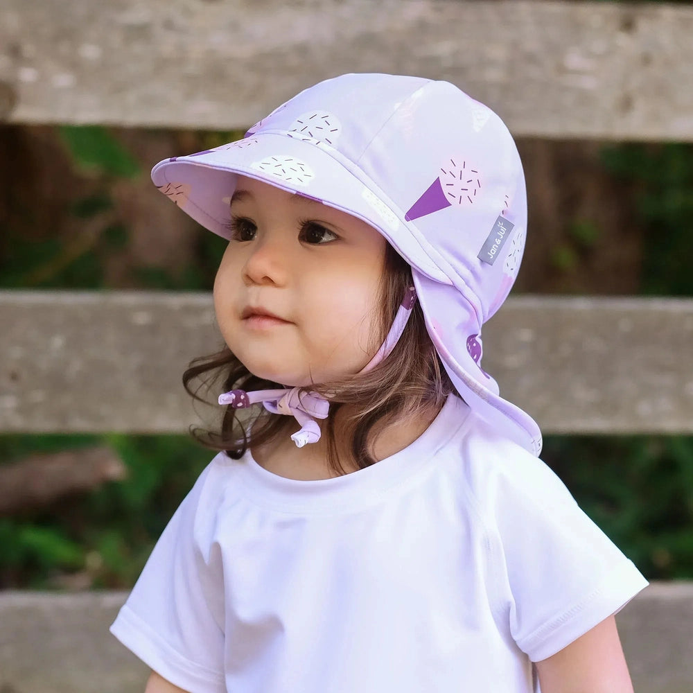 JAN & JUL Jan & Jul UV Baby Cap - UV Quick Dry - Lavender Ice Cream with neck flap and adjustable chin tie toggles img 2/6