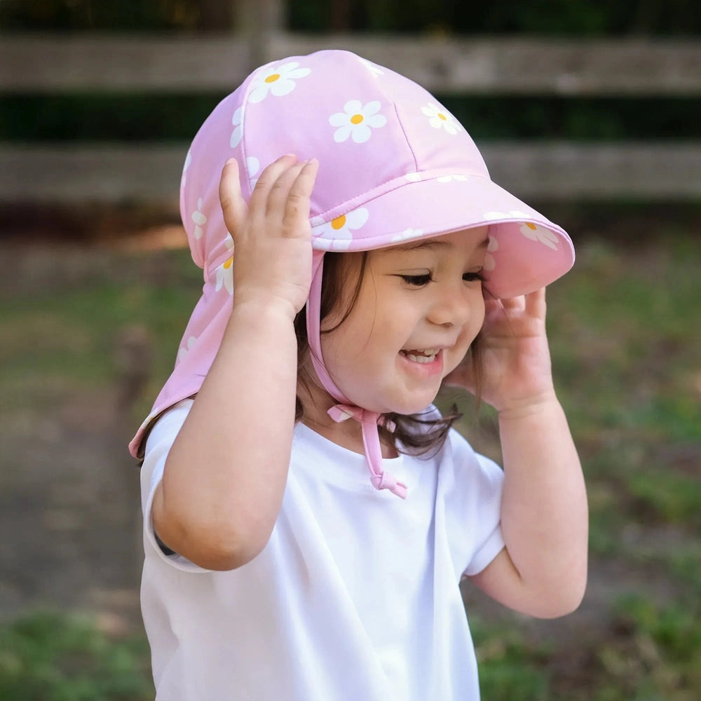 JAN & JUL Jan & Jul UV Baby Cap - UV Quick Dry - Pink Daisy with back neck flap and adjustable chin strap with toggle img 2/6
