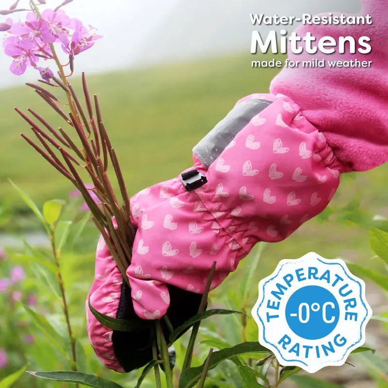JAN & JUL Water-Resistant Cozy Dry Rain Mitten, pink heart-pattern baby glove gripping flowering stems outdoors