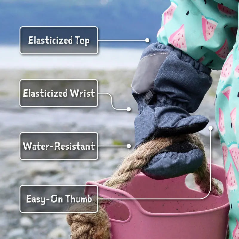 Jan & Jul Water-Resistant Cozy Dry Rain Mitten for toddlers; pink with rope, showing elasticized top, wrist, and easy-on thumb.
