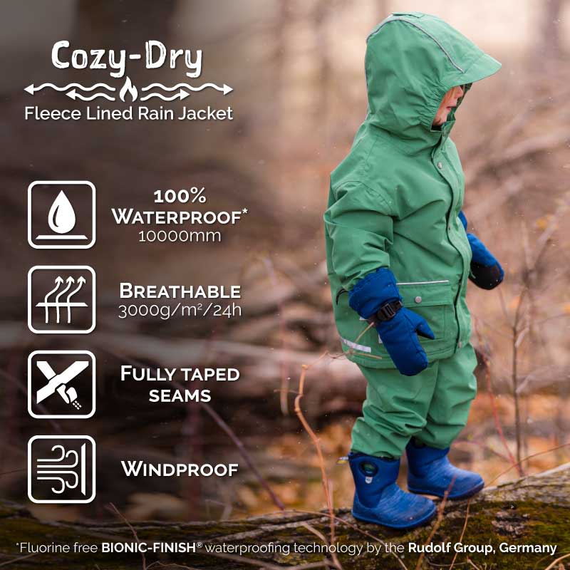 Jan & Jul Cozy Dry Bear Mountain kids' waterproof rain jacket in green with fully taped seams