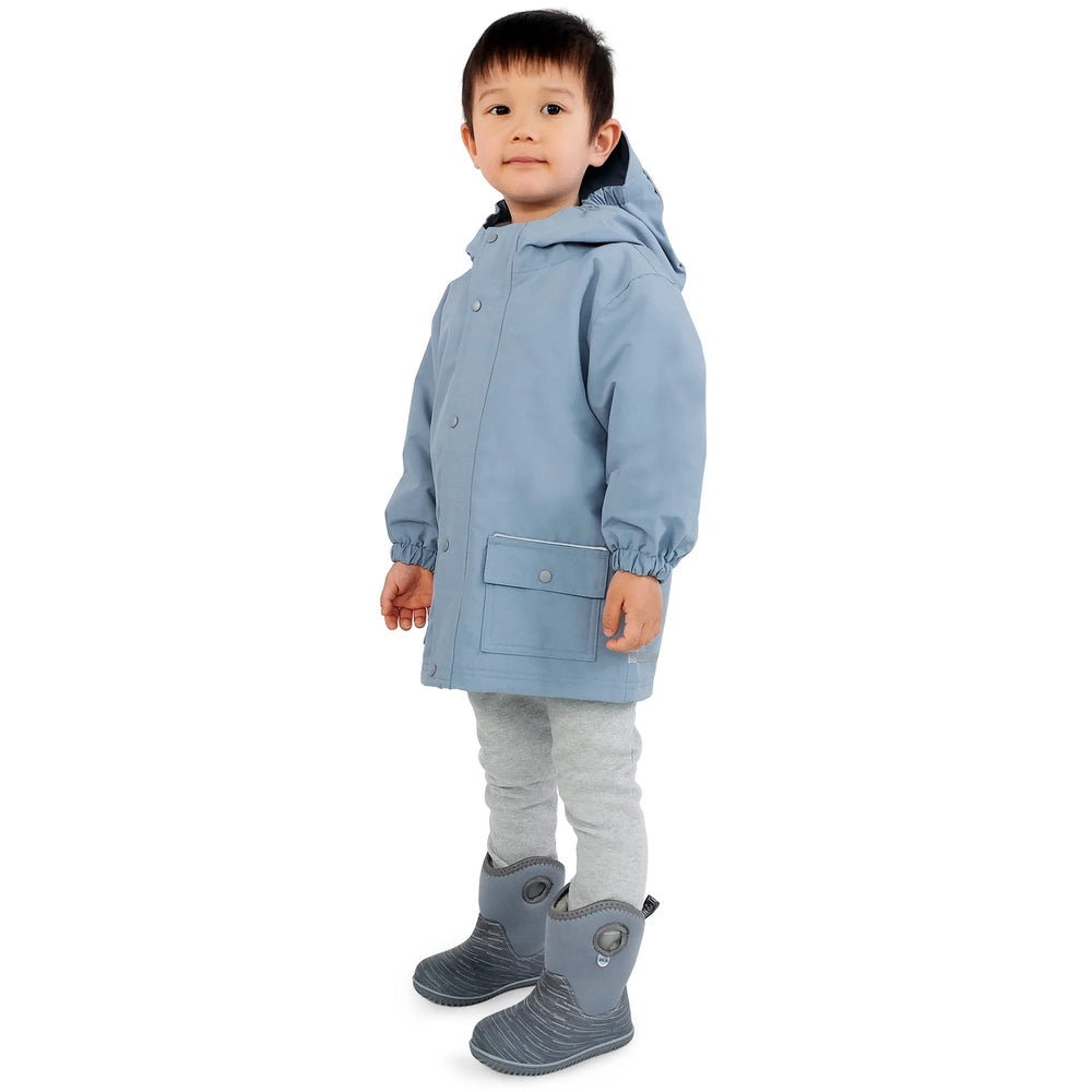 Jan & Jul Waterproof Cozy Dry Rain Jacket, dusty blue, hooded with front pocket worn by a child