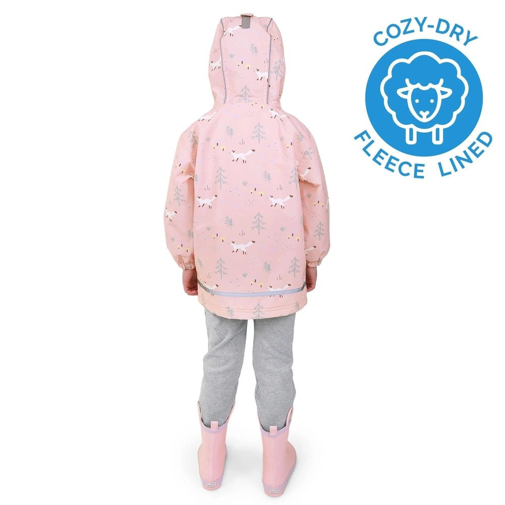 JAN & JUL waterproof pink forest print toddler rain jacket with fleece-lined hood