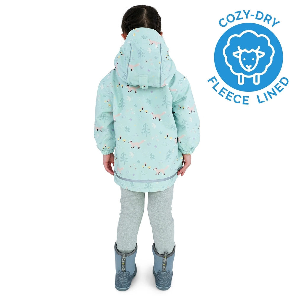 JAN & JUL Cozy Dry Rain Jacket Minty Forest for kids, waterproof with fleece-lined interior, worn by child from the back.