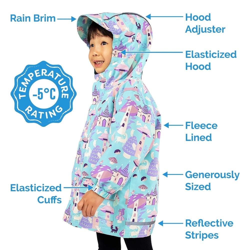 Jan & Jul Waterproof Cozy Dry Rain Jacket Space Dinos worn by a smiling child, hooded, fleece-lined, reflective stripes.