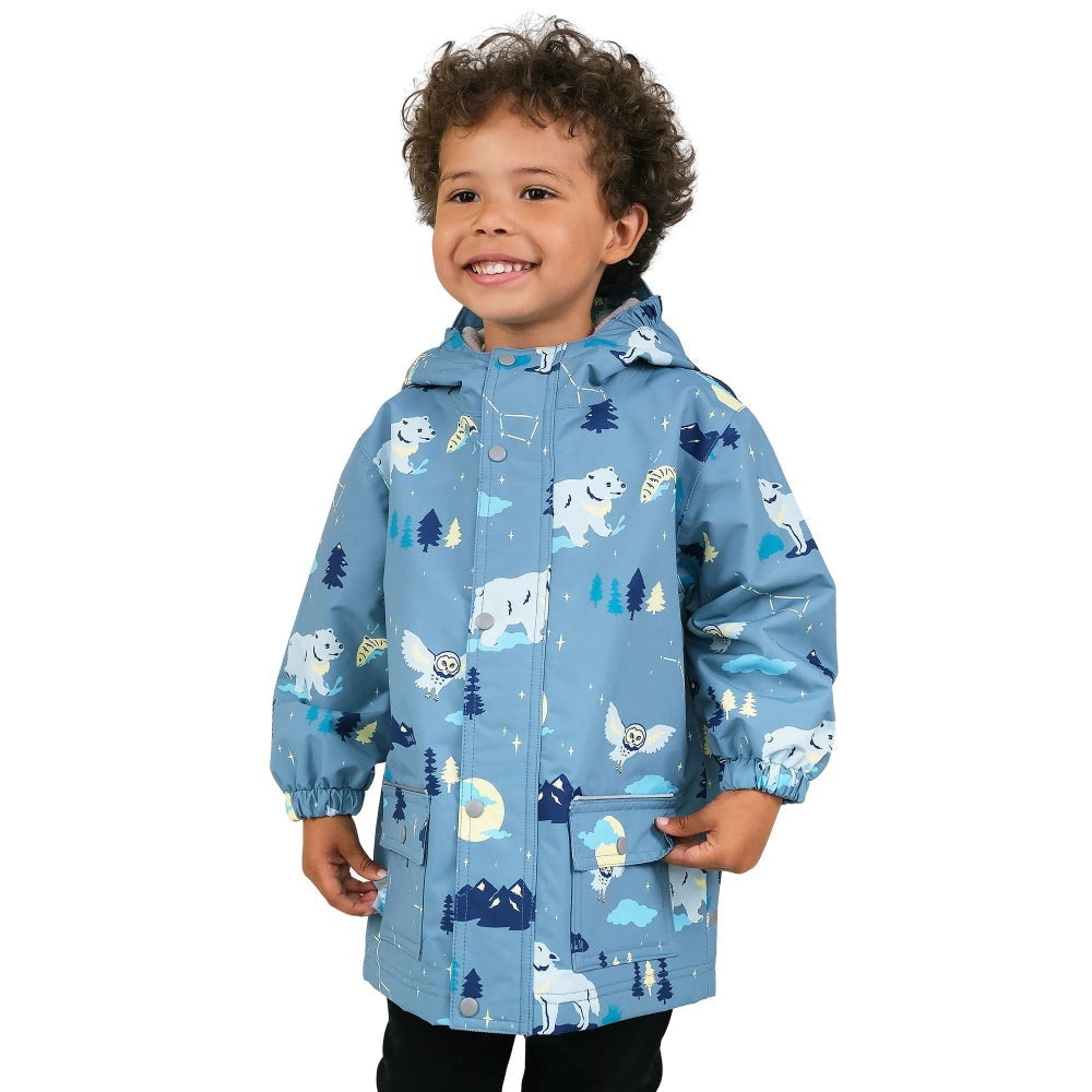 JAN & JUL kids' waterproof rain jacket in blue with wolf and bear print, hooded with pockets