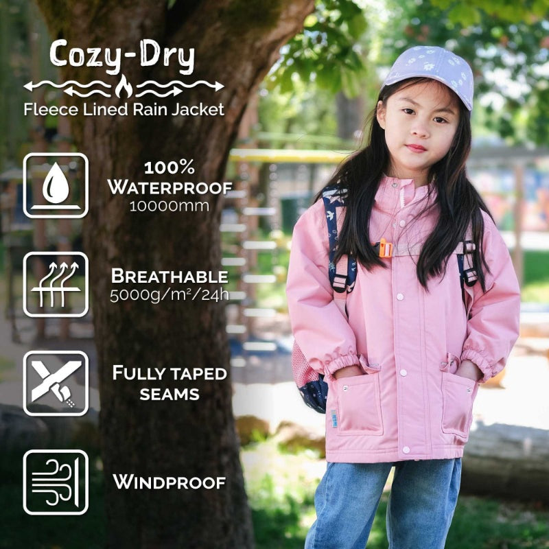 JAN & JUL Kids Cozy Dry rain jacket, pink fleece-lined, waterproof 10000mm with fully taped seams