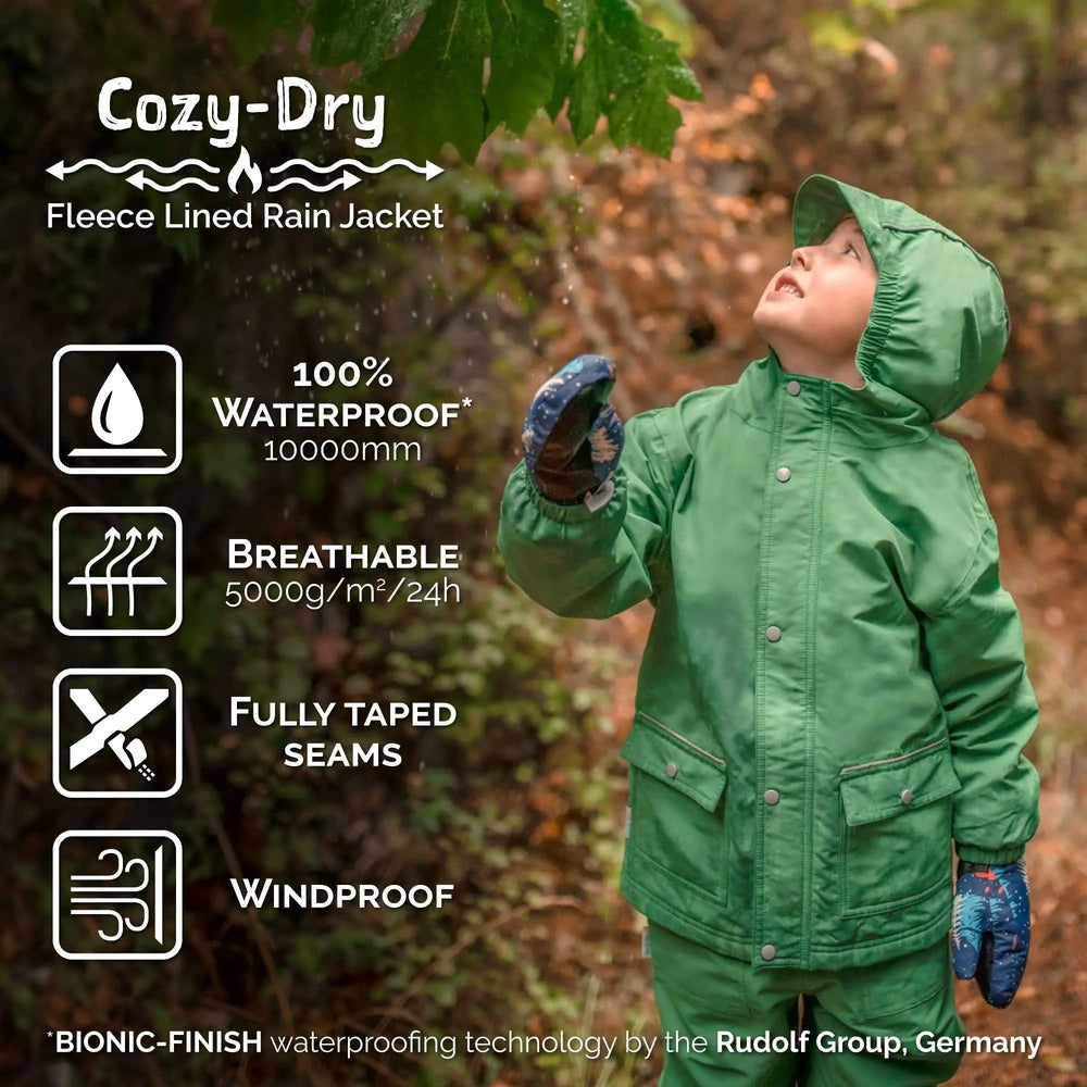 JAN & JUL Waterproof Cozy-Dry rain jacket for babies, fleece-lined, green with fully taped seams