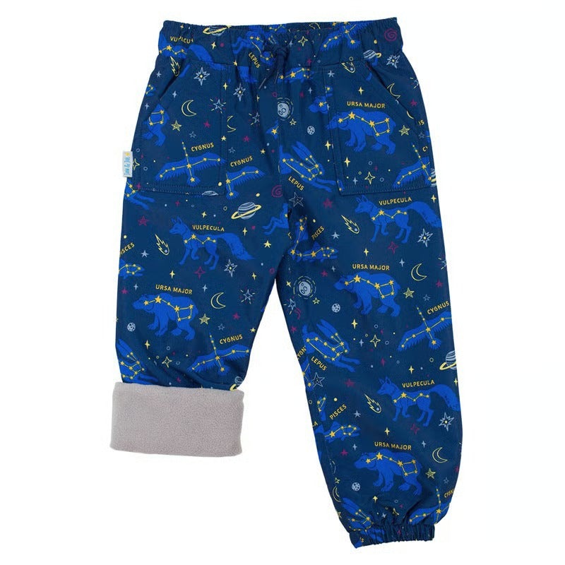 JAN & JUL Waterproof Cozy Dry Rain Pants Constellations in blue with rolled cuffs and starry print