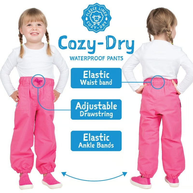 Jan & Jul Waterproof Cozy-Dry Rain Pants Constellations, pink toddler pants with elastic waist and ankle bands.
