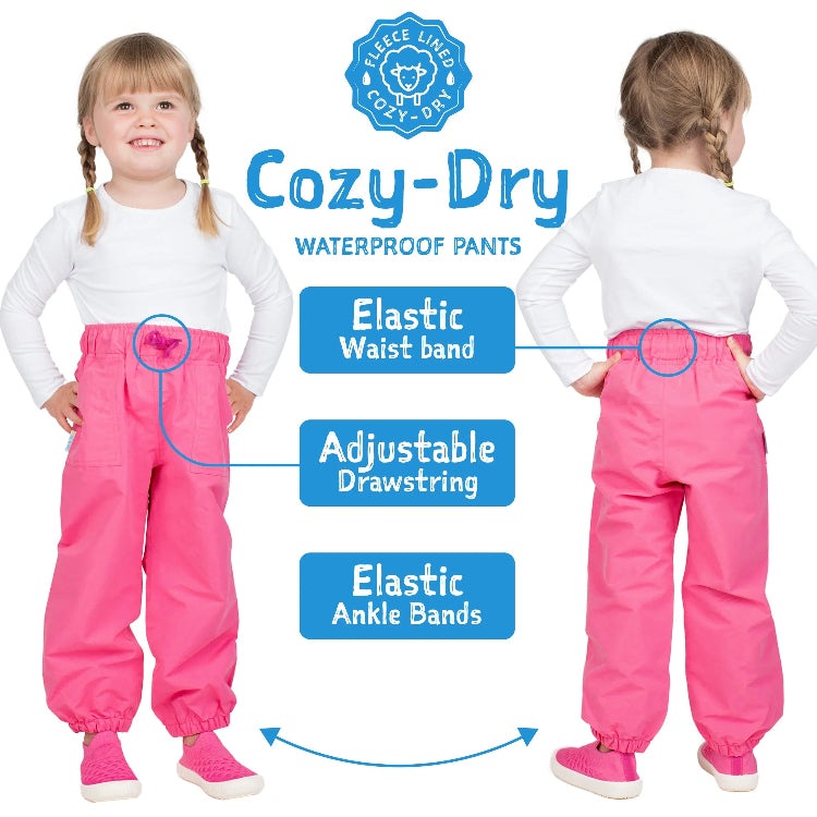 Jan & Jul Waterproof Cozy-Dry rain pants in dusty apricot with elastic waist, adjustable drawstring, and elastic ankle bands