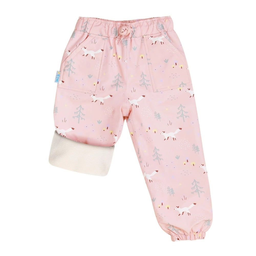 Jan & Jul pink forest kids' rain pants, waterproof with white animal and tree print, cuffed ankles