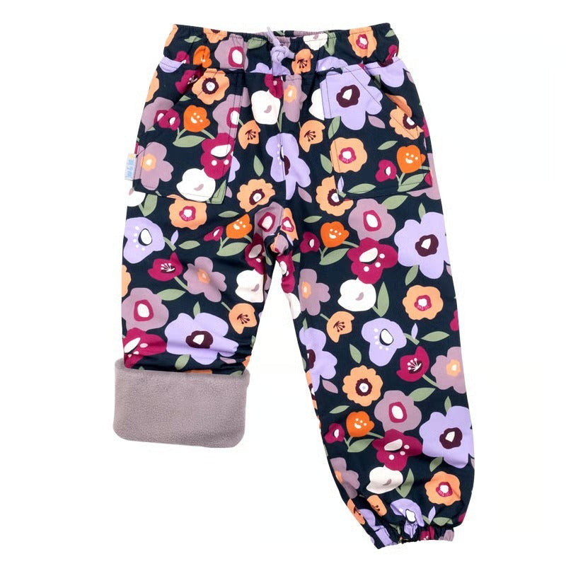 JAN & JUL Waterproof Cozy Dry Rain Pants Winter Flowers for kids, navy floral print with purple drawcord and grey fleece cuff
