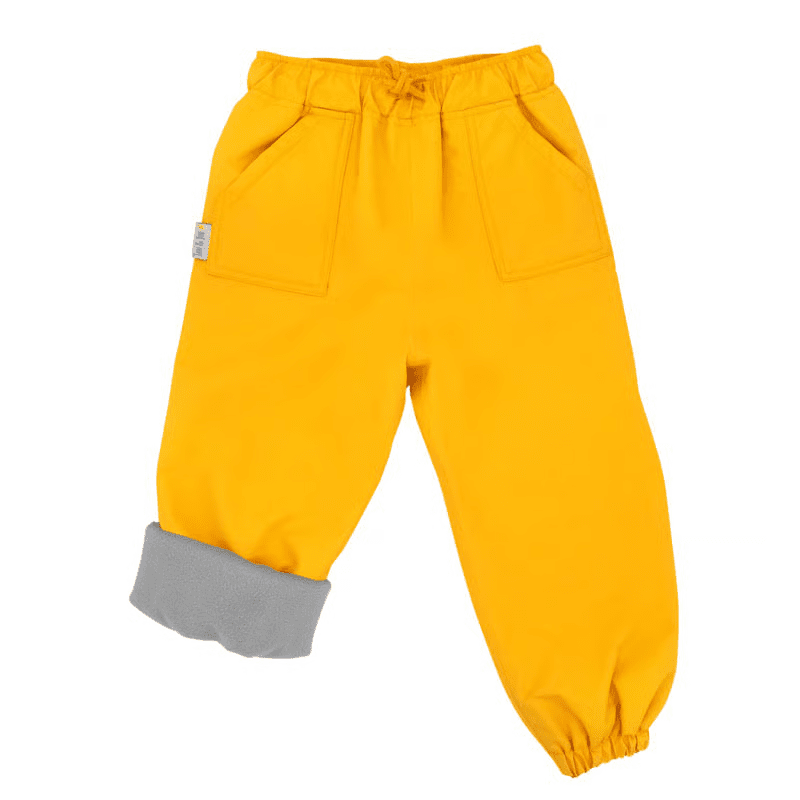 Jan & Jul Waterproof Cozy Dry Rain Pants Yellow with gray rolled cuffs and elastic waistband, flat lay.