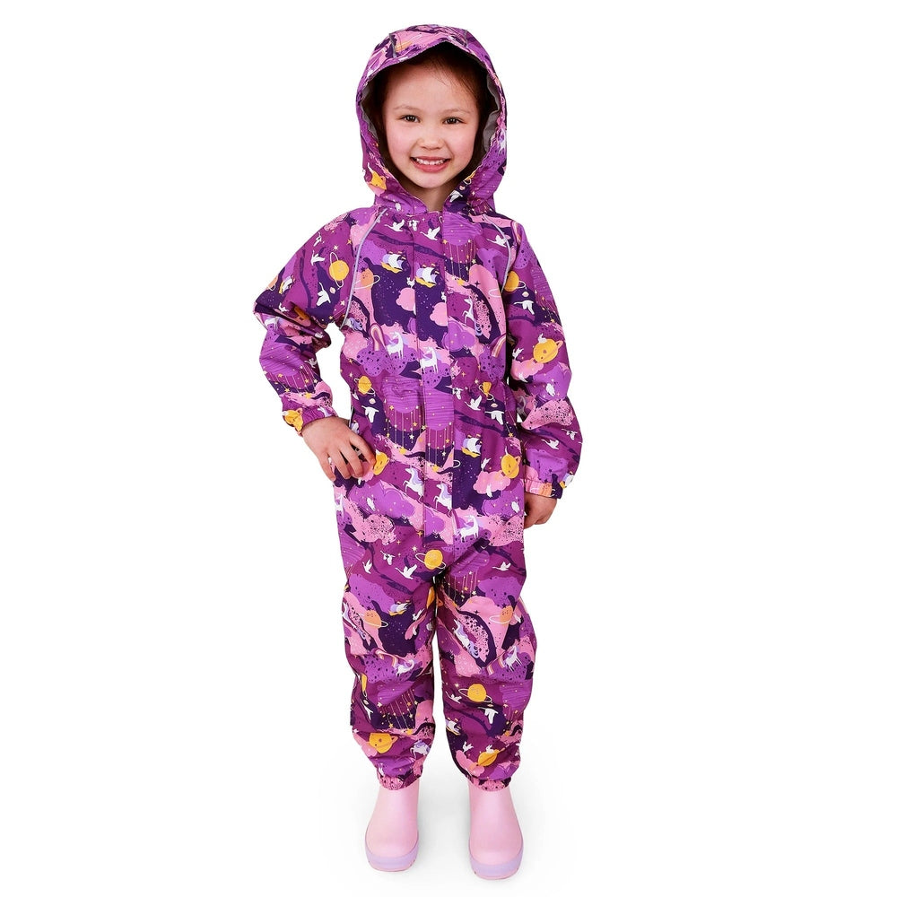 JAN & JUL waterproof cozy dry rain suit in purple dream with hood, worn by a child.