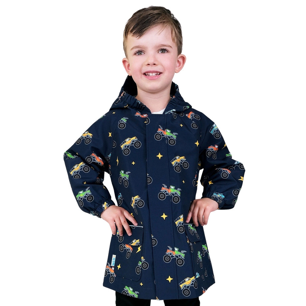 JAN & JUL Jan & Jul Waterproof Puddle Dry Rain Jacket Big Trucks Hooded with front zipper, side pockets, and elastic cuffs img 1/8