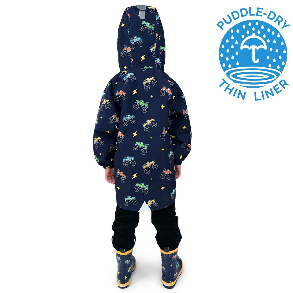 JAN & JUL Jan & Jul Waterproof Puddle Dry Rain Jacket Big Trucks hooded with elastic cuffs and matching patterned rain boots img 3/8