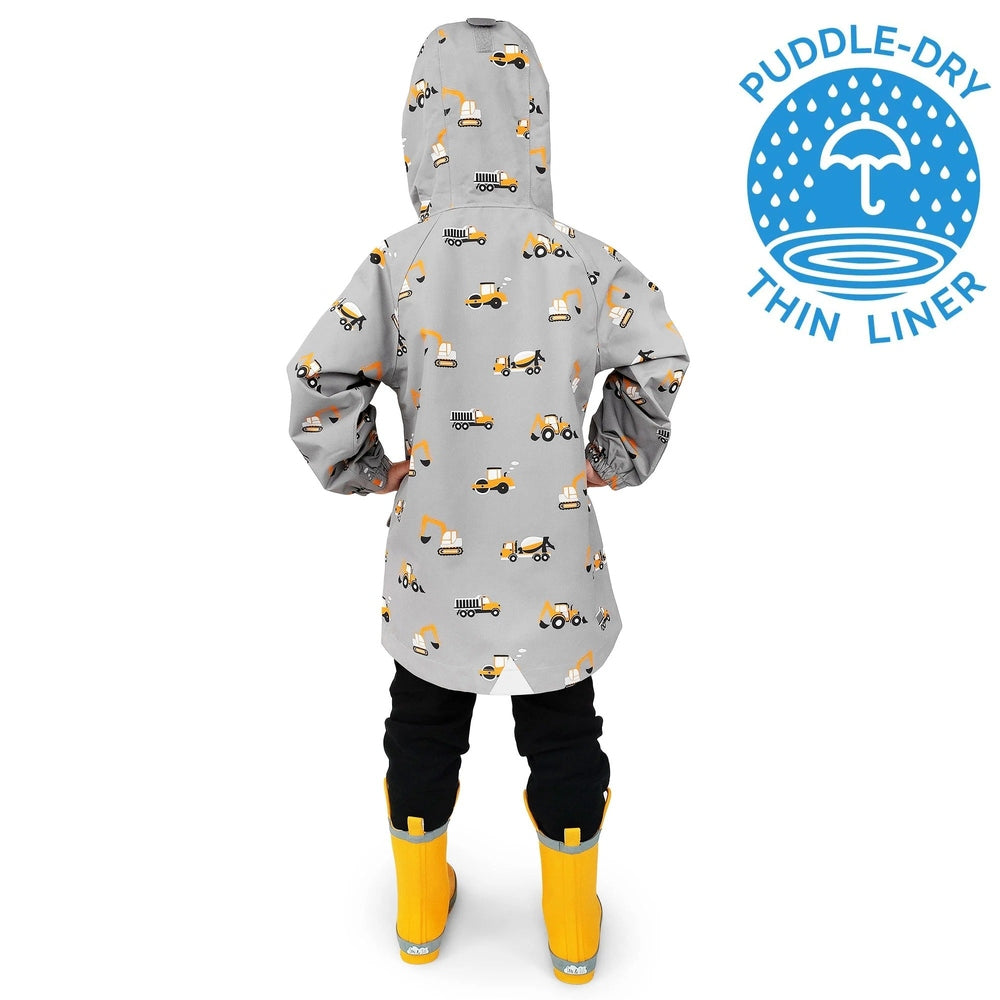 JAN & JUL Jan & Jul Waterproof Puddle Dry Rain Jacket Grey Construction All-over truck and excavator print with elastic cuffs img 4/8
