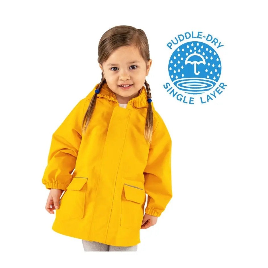 JAN & JUL Waterproof Puddle Dry Rain Jacket Yellow worn by a toddler, showing front pockets and elastic cuffs.