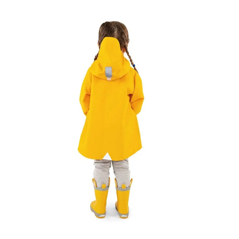 Jan & Jul Waterproof Puddle Dry Rain Jacket Yellow worn by toddler, back view showing hood and reflective tab with matching yellow rain boots.