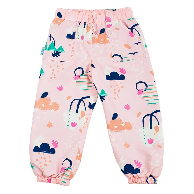 JAN & JUL Dreamscape Waterproof Rain Pants for babies, pink with pockets and elastic cuffs, laid flat.