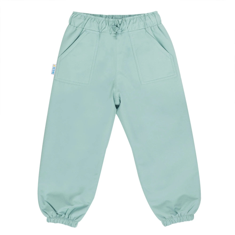 Jan & Jul Waterproof Puddle Dry Rain Pants Dusty Mint, toddler pants laid flat with elastic waist and cuffs