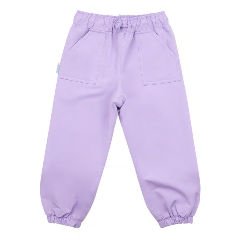 Jan & Jul Waterproof Puddle Dry Rain Pants Lavender: kids' lavender rain pants with elastic waist, front pockets, and elastic cuffs