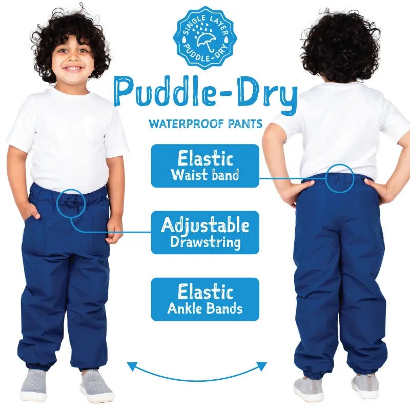 JAN & JUL Waterproof Puddle Dry Rain Pants blue; elastic waist with drawstring and elastic ankle cuffs.