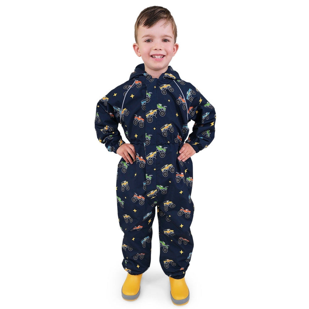 JAN & JUL Jan & Jul Waterproof Puddle Dry Rain Suit Big Trucks Monster truck pattern with stars, front zip, elastic cuffs img 1/9