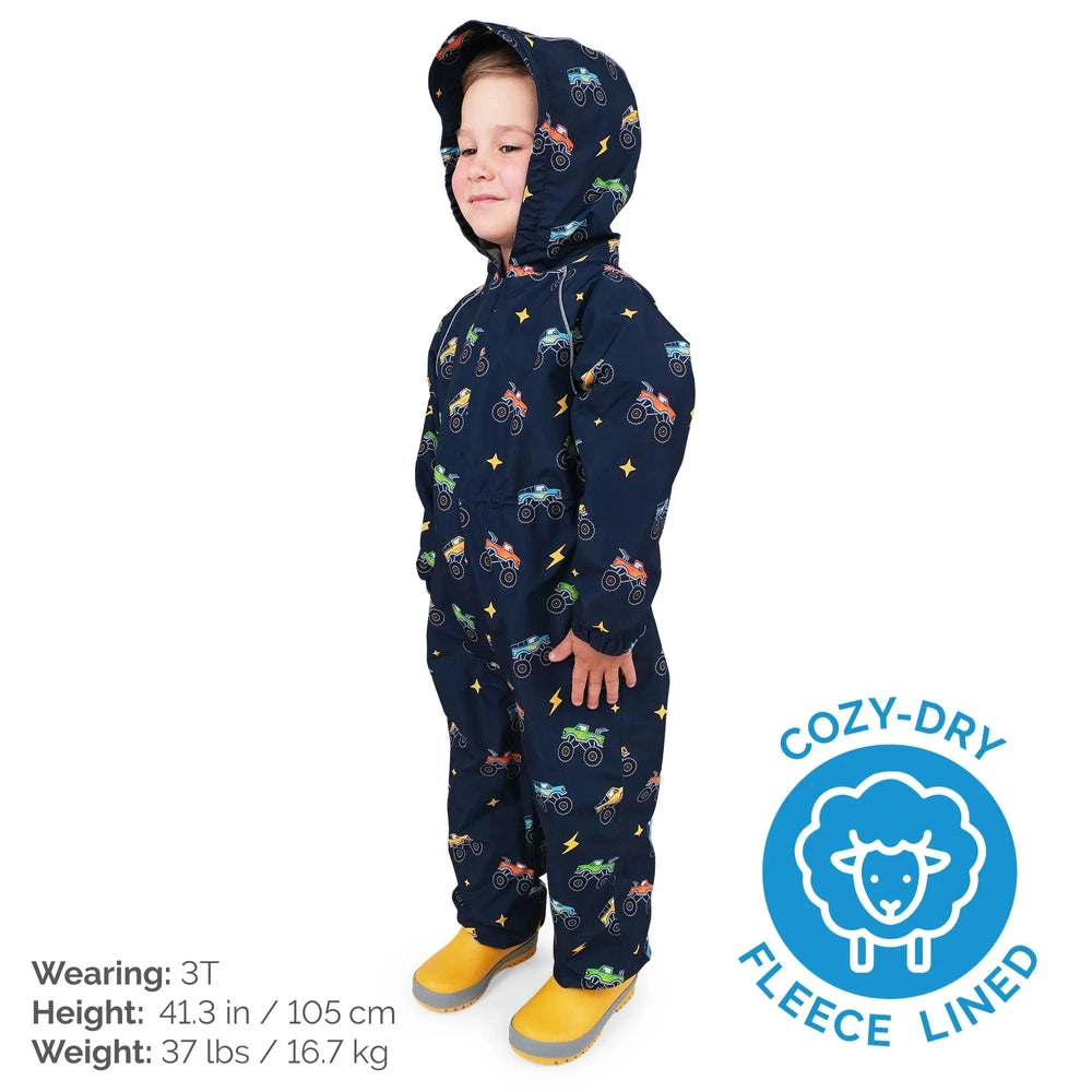 JAN & JUL Jan & Jul Waterproof Puddle Dry Rain Suit Big Trucks hooded with elastic cuffs and monster truck star pattern img 6/9