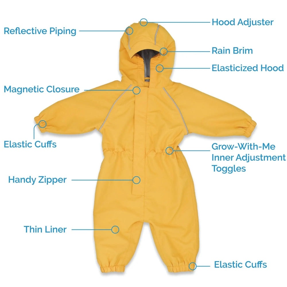 JAN & JUL Waterproof Puddle Dry Rain Suit Prairie Flowers yellow, laid flat with hood, elastic cuffs, and grow-with-me inner adjustment.