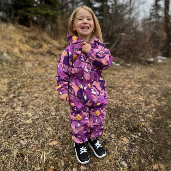 Jan & Jul Purple Dream kids rain suit; waterproof purple with playful pattern, hooded
