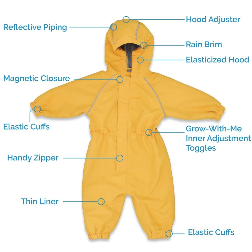 JAN & JUL Waterproof Puddle-Dry Rain Suit, yellow, with adjustable hood, elastic cuffs, and front zipper.