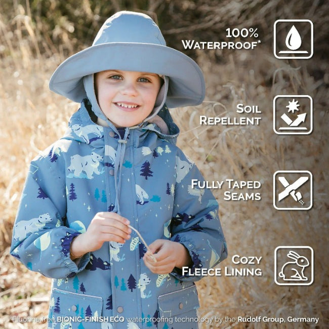 Jan & Jul waterproof rain hat in dusty blue with cozy fleece lining and taped seams